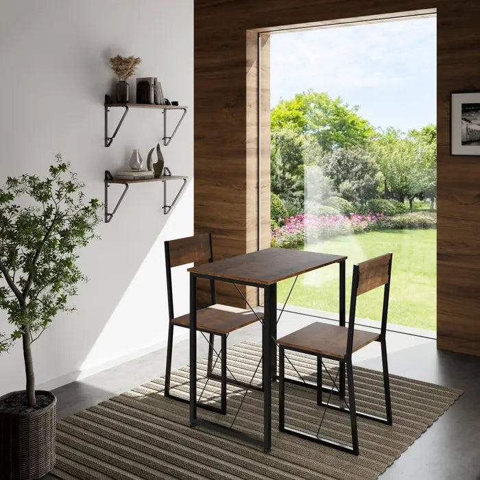 Ensemble salle à manger industriel bois foncé - Table + 2 chaises