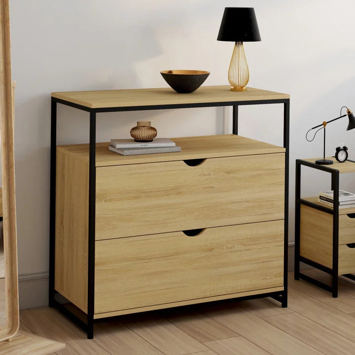 Commode 2 Tiroirs – Design Industriel avec Étagère