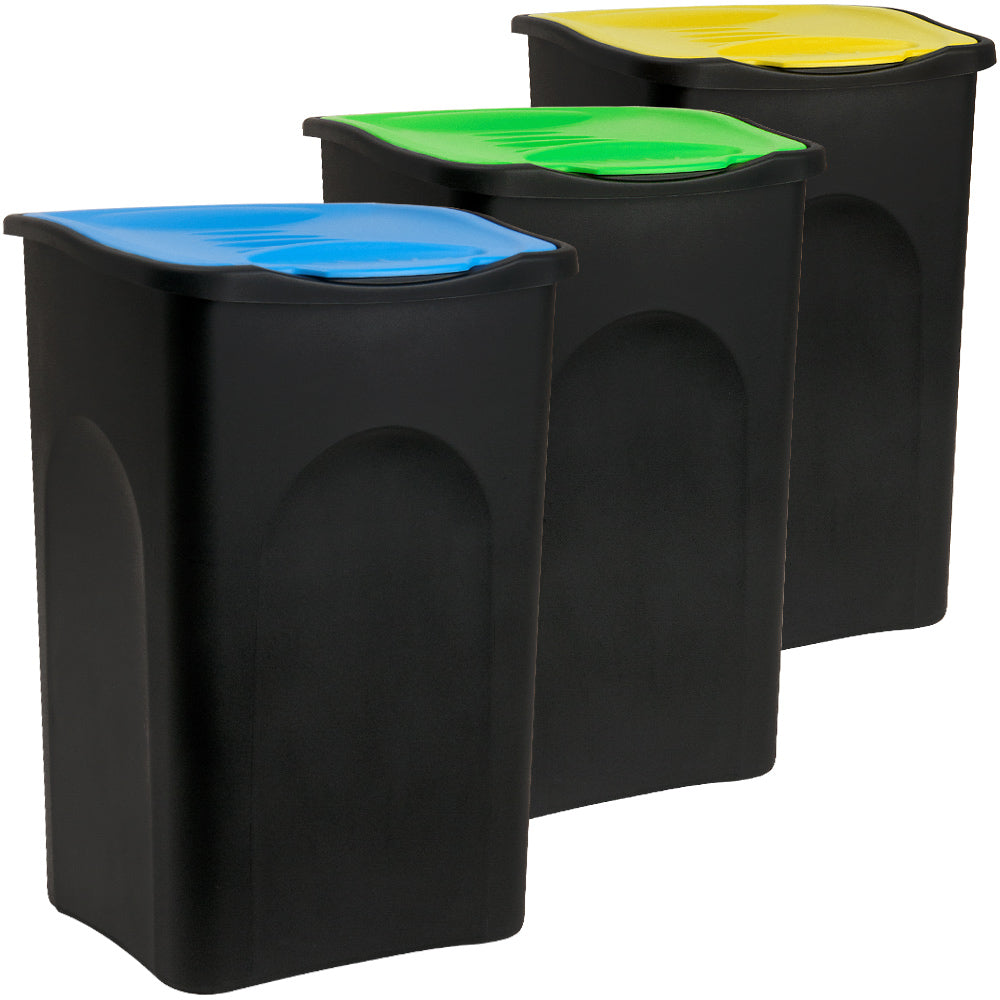 Lot de 3 Poubelles de Tri 50 L avec Couvercle à Bascule – Recyclage Cuisine