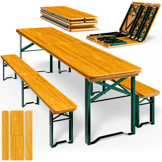 Ensemble Table et Bancs Pliants en Bois 220 cm