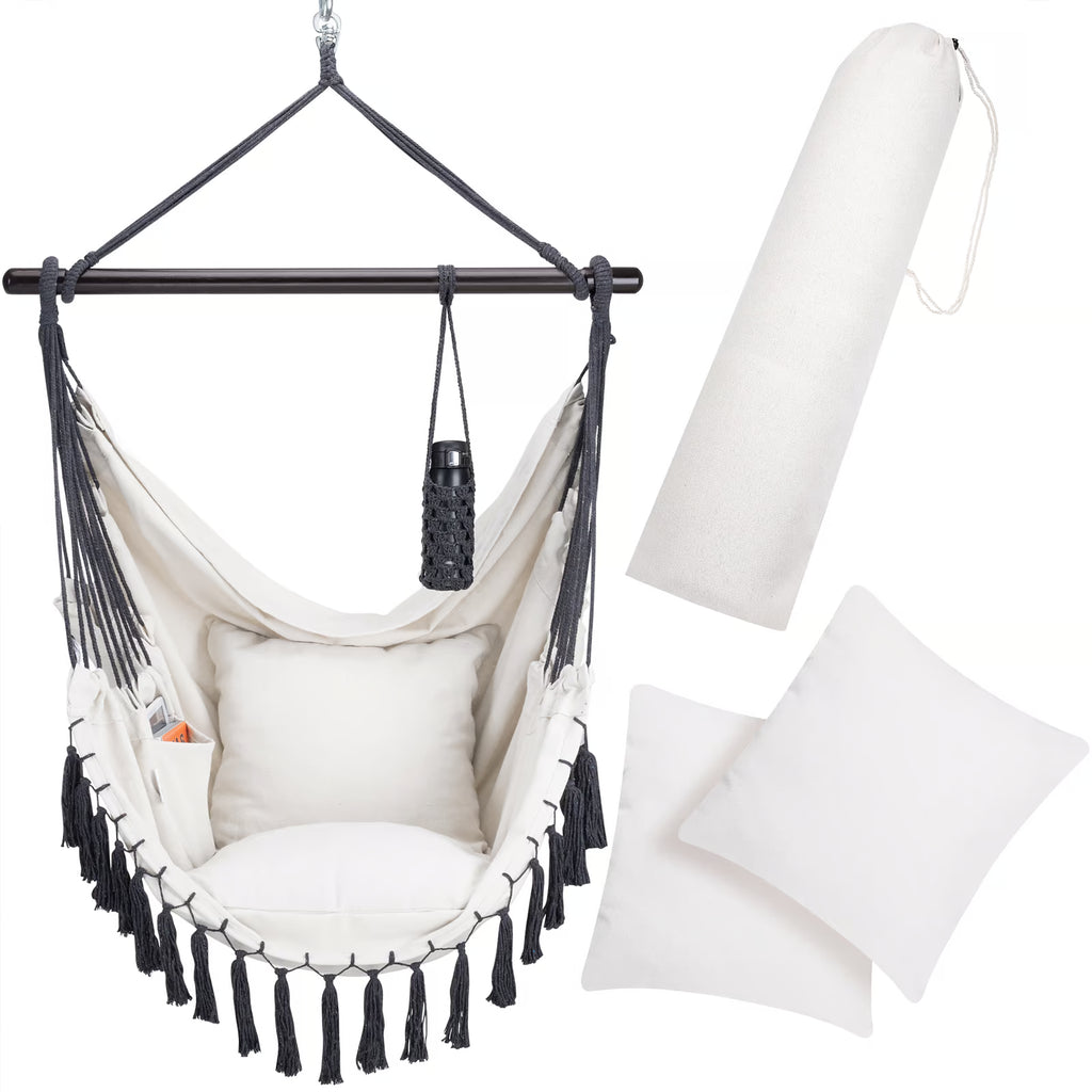 Fauteuil Suspendu Crème avec Support - Cocon Détente + Coussin