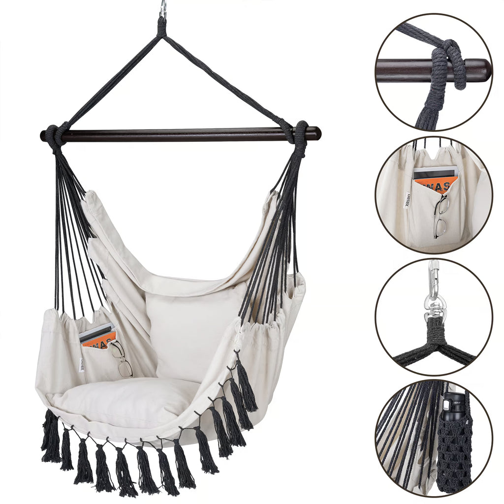 Fauteuil Suspendu Crème avec Support - Cocon Détente + Coussin