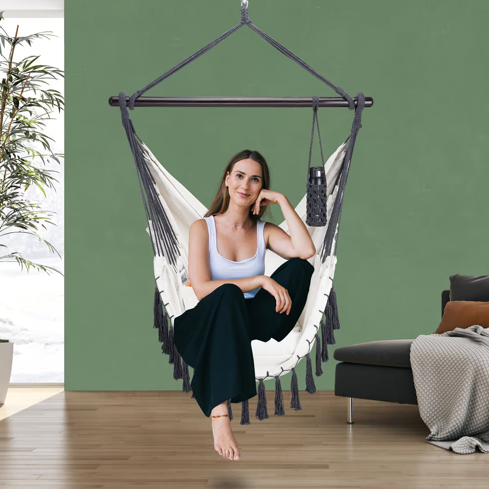 Fauteuil Suspendu Crème avec Support - Cocon Détente + Coussin