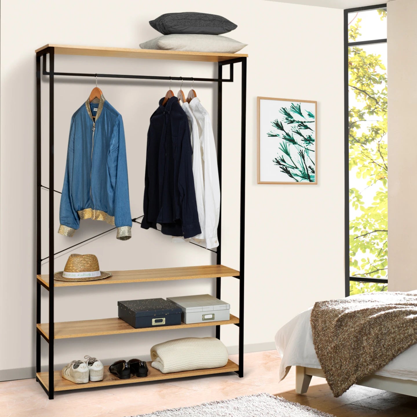 Dressing Industriel Bois et Métal avec Penderie et Étagères 100 cm