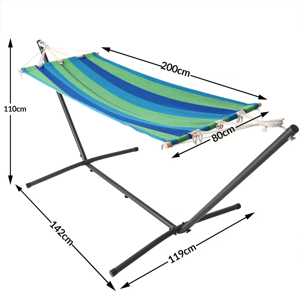 Hamac sur Pied 200cm Vert Rayé - Cadre Métal Autoportant