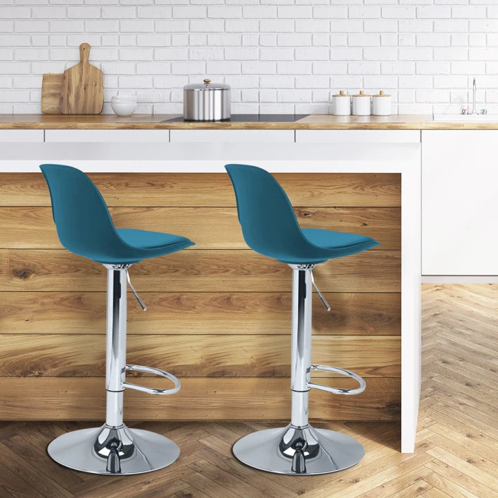 Lot de 2 Tabourets de Bar Réglables Bleu Canard avec Dossier Pivotant