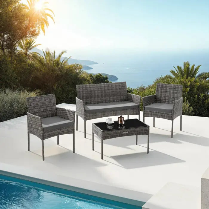 Salon de jardin 4 personnes en résine tressée avec table verre - Gris