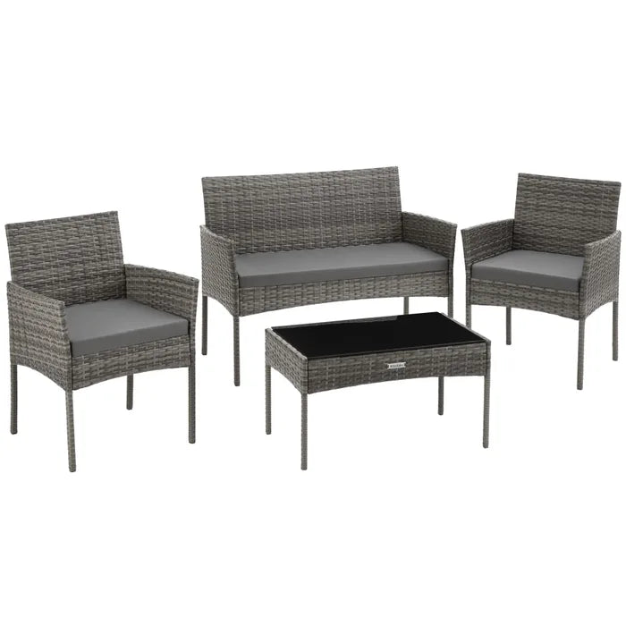 Salon de jardin 4 personnes en résine tressée avec table verre - Gris